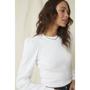 AMO Women's Girly Thermal White Waffle Knit Puff Sleeve Top Long Sleeve- XS